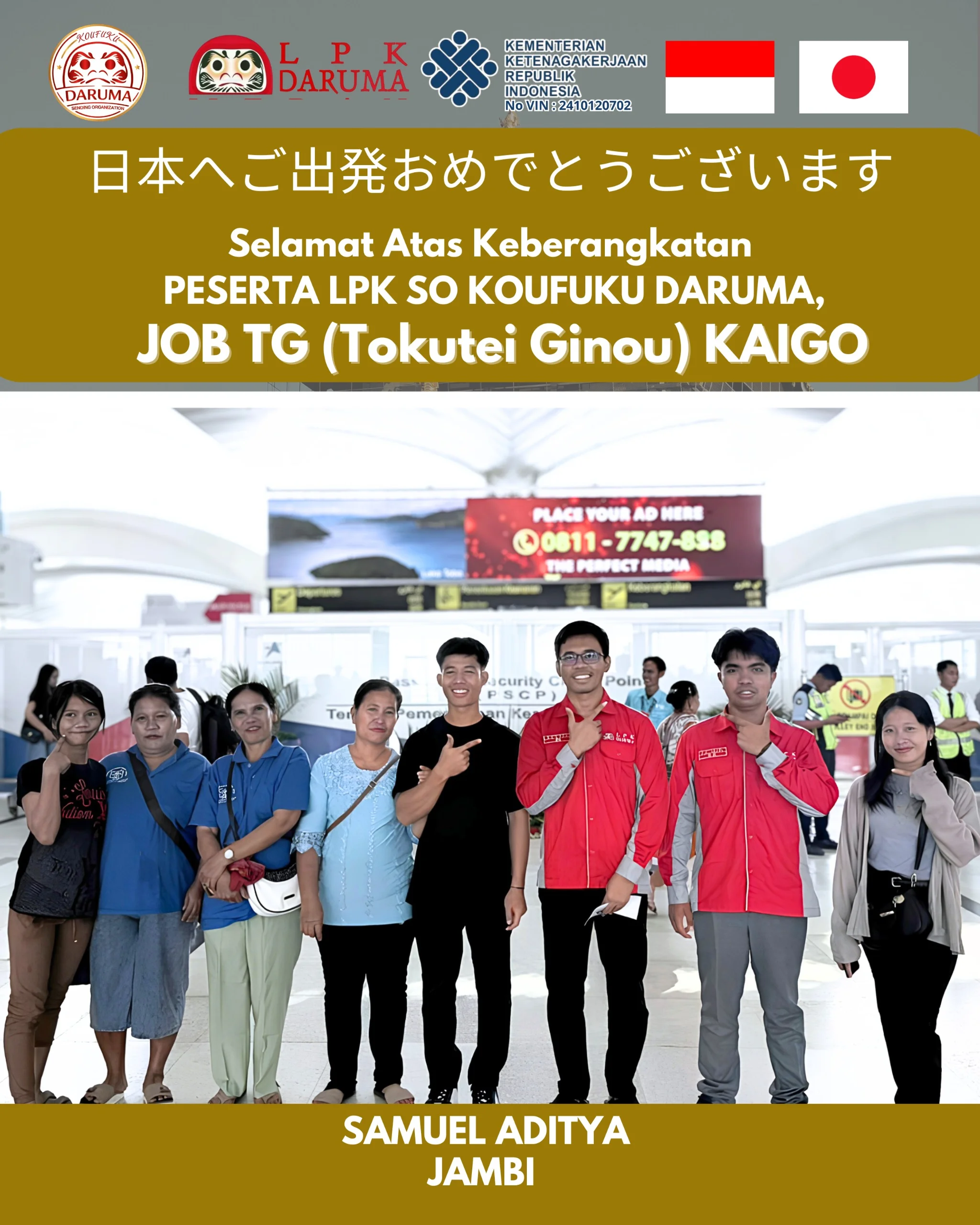 Selamat atas keberangkatan peserta LPK SO KOUFUKU DARUMA untuk program Tokutei Ginou (Kaigo) di Jepang.